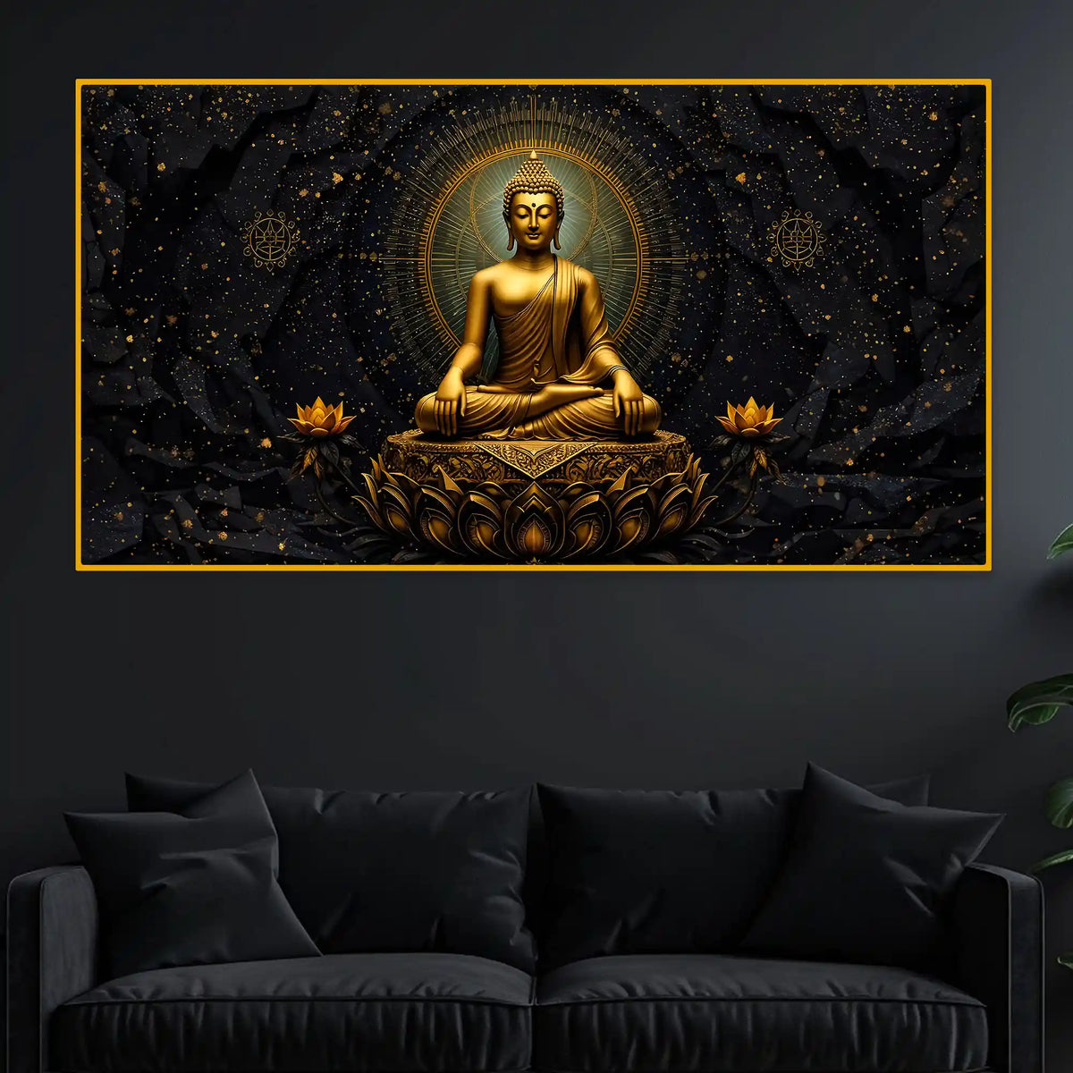 Black Background Buddha Crystal Glass Painting for Meditation Room Décor