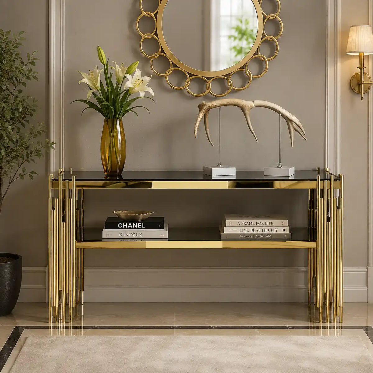 Black Faux Marble 2-Tier Narrow Console Table