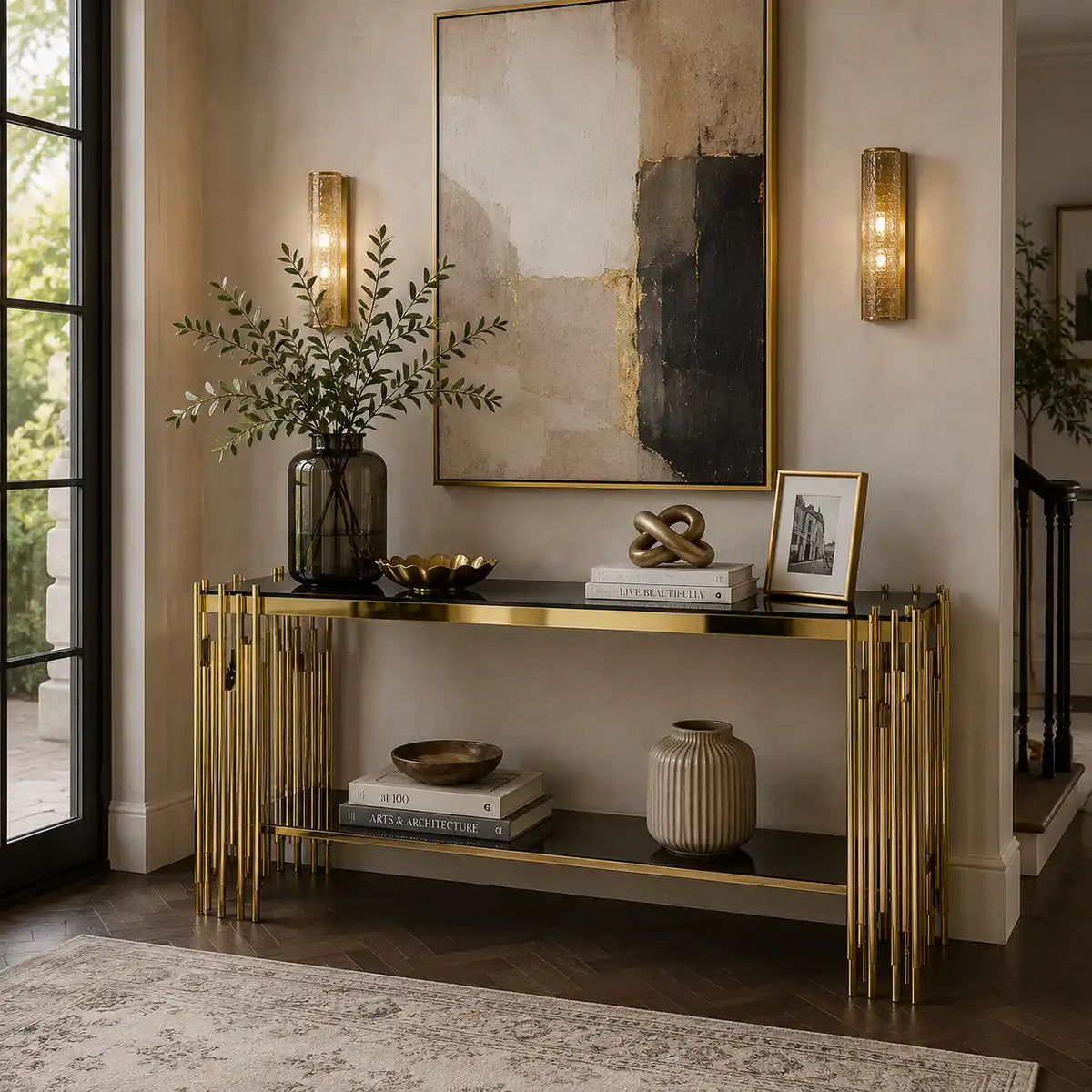 Black Faux Marble 2-Tier Narrow Console Table