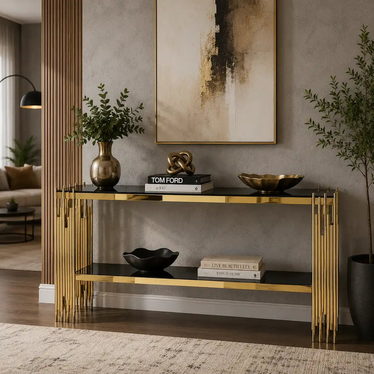 Black Faux Marble 2-Tier Narrow Console Table