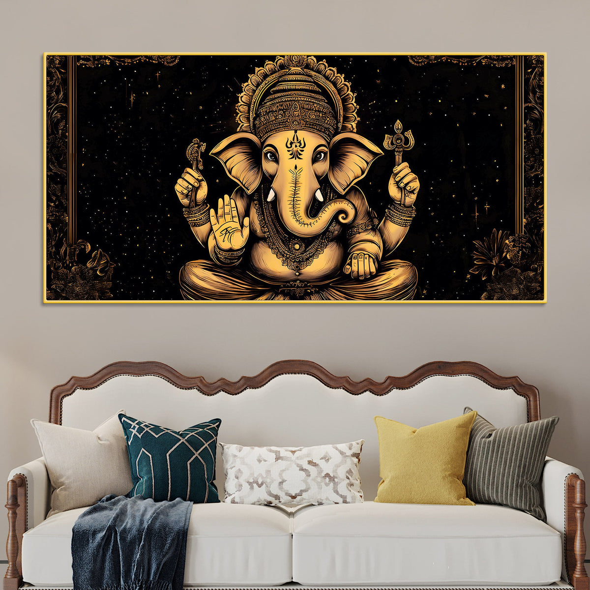 Black & Gold Divine Shri Ganesha Spiritual Canvas Wall Painting for Home & Office – Luxury Spiritual Decor