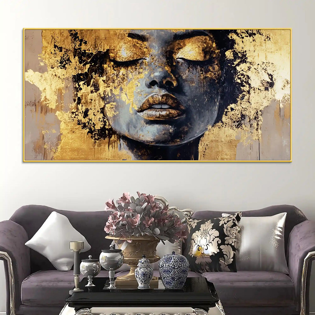Black Gold Woman Face Abstract Wall Painting for Luxury Homes