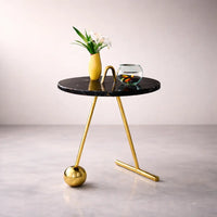 Black Marble Round End Side Table with Gold Base