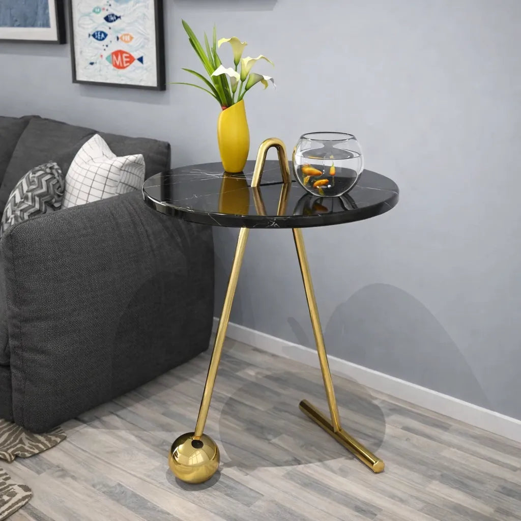Black Marble Round End Side Table with Gold Base