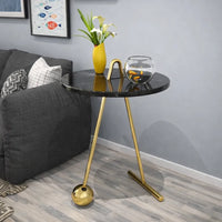 Black Marble Round End Side Table with Gold Base
