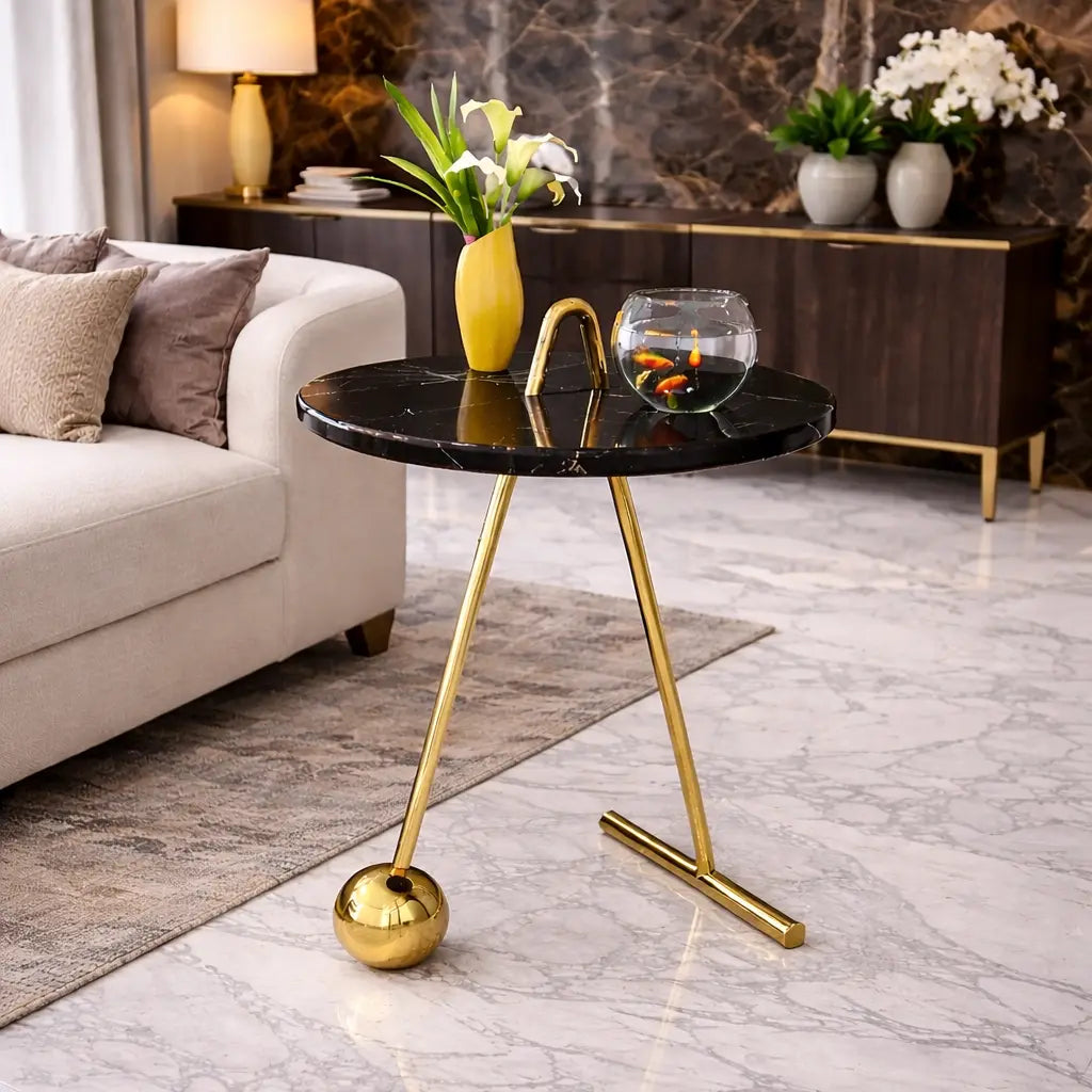 Black Marble Round End Side Table with Gold Base