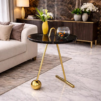 Black Marble Round End Side Table with Gold Base