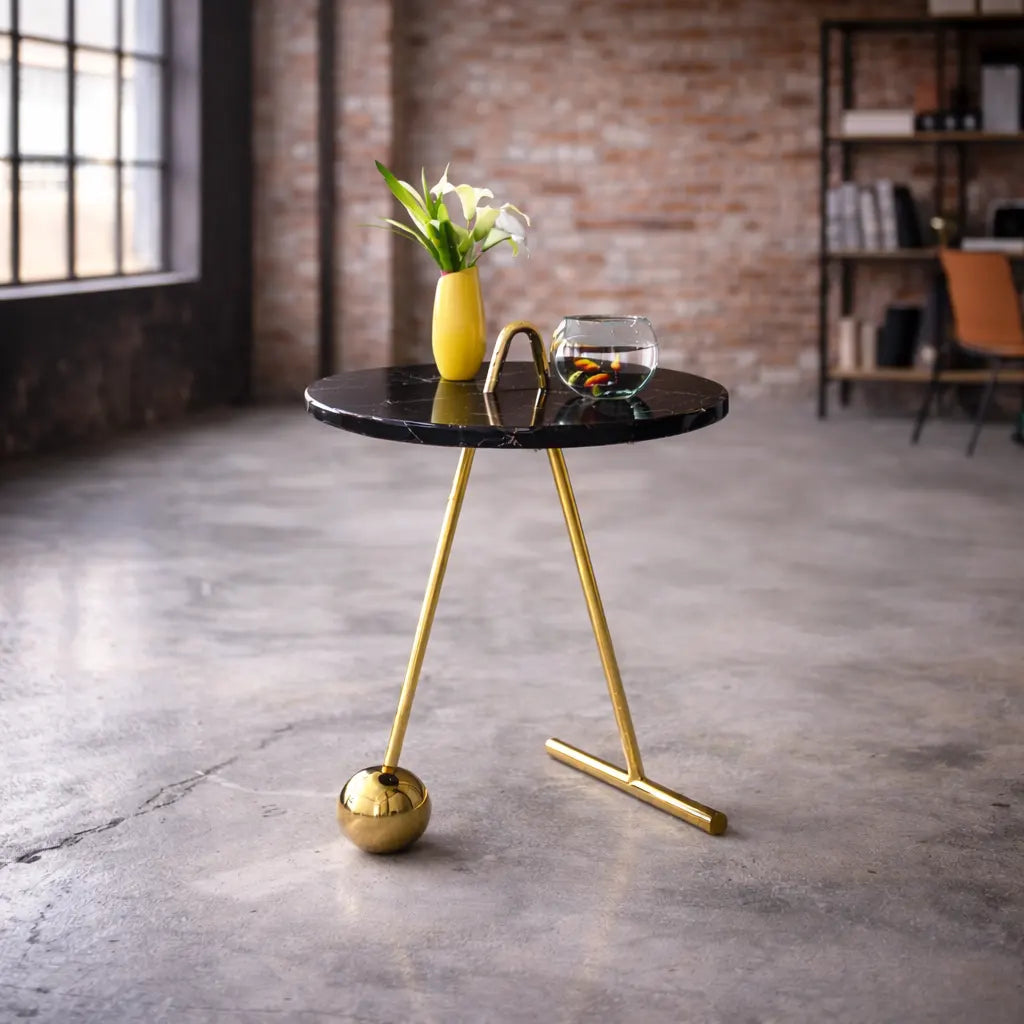 Black Marble Round End Side Table with Gold Base
