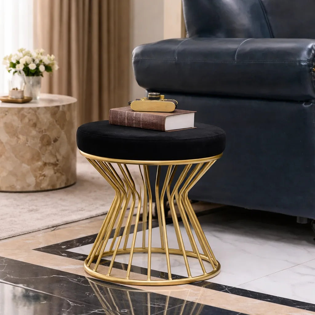 Black Velvet Pouffe with Glamorous Gold Detailing
