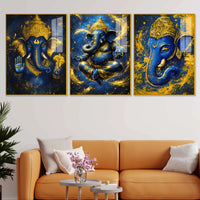 Blue and Gold Lord Ganesha Wall Art Acrylic Floating Wall Painting Set of 3