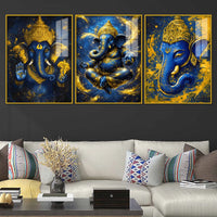 Blue and Gold Lord Ganesha Wall Art Acrylic Floating Wall Painting Set of 3