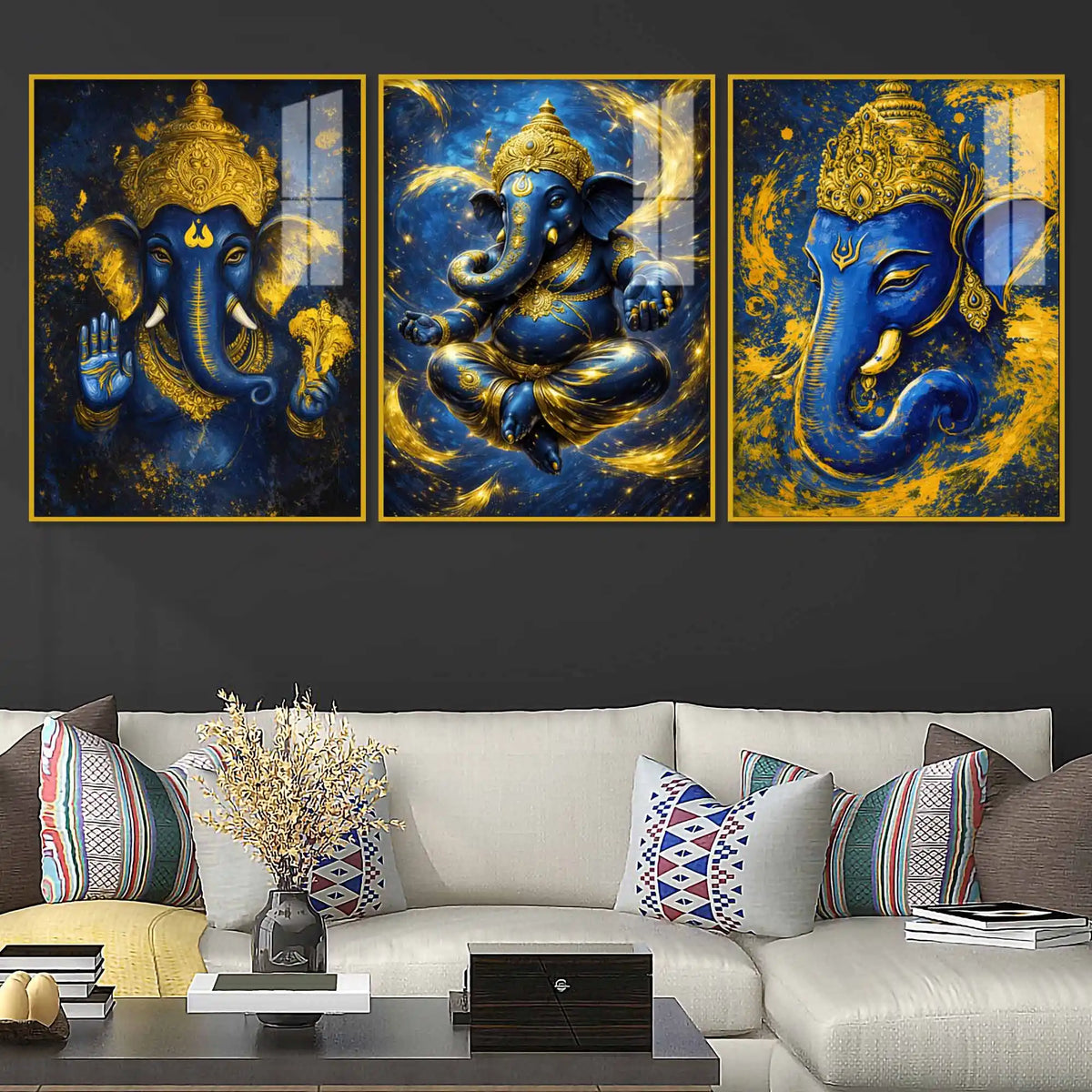 Blue and Gold Lord Ganesha Wall Art Acrylic Floating Wall Painting Set of 3