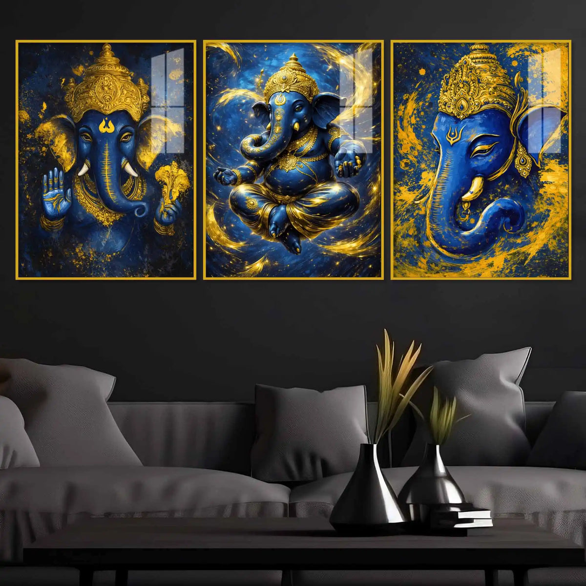 Blue and Gold Lord Ganesha Wall Art Acrylic Floating Wall Painting Set of 3
