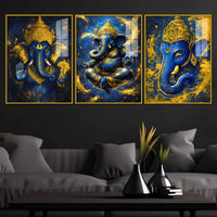 Blue and Gold Lord Ganesha Wall Art Acrylic Floating Wall Painting Set of 3