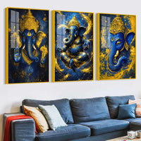 Blue and Gold Lord Ganesha Wall Art Acrylic Floating Wall Painting Set of 3