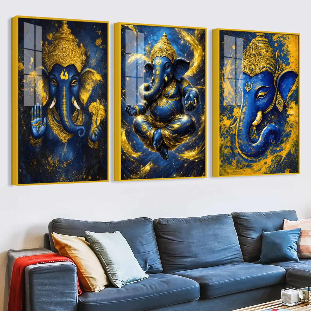 Blue and Gold Lord Ganesha Wall Art Acrylic Floating Wall Painting Set of 3