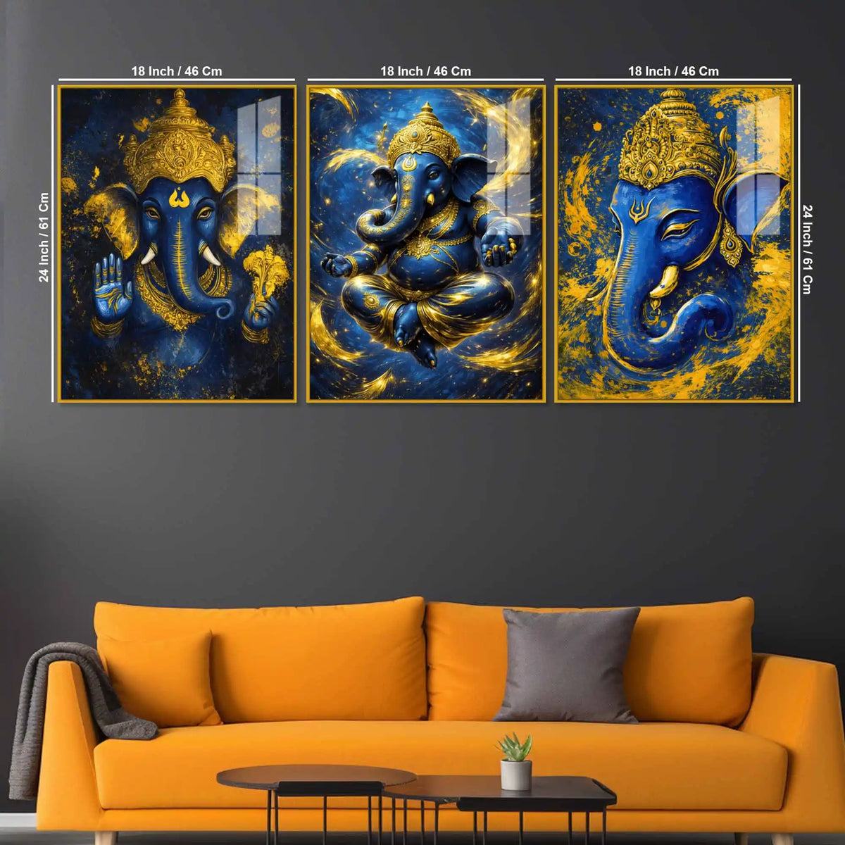 Blue and Gold Lord Ganesha Wall Art Acrylic Floating Wall Painting Set of 3