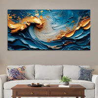 Blue and Gold Ocean Wave Abstract Canvas Painting