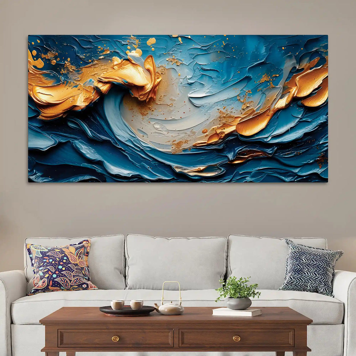 Blue and Gold Ocean Wave Abstract Canvas Painting