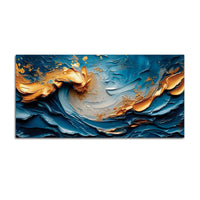 Blue and Gold Ocean Wave Abstract Canvas Painting