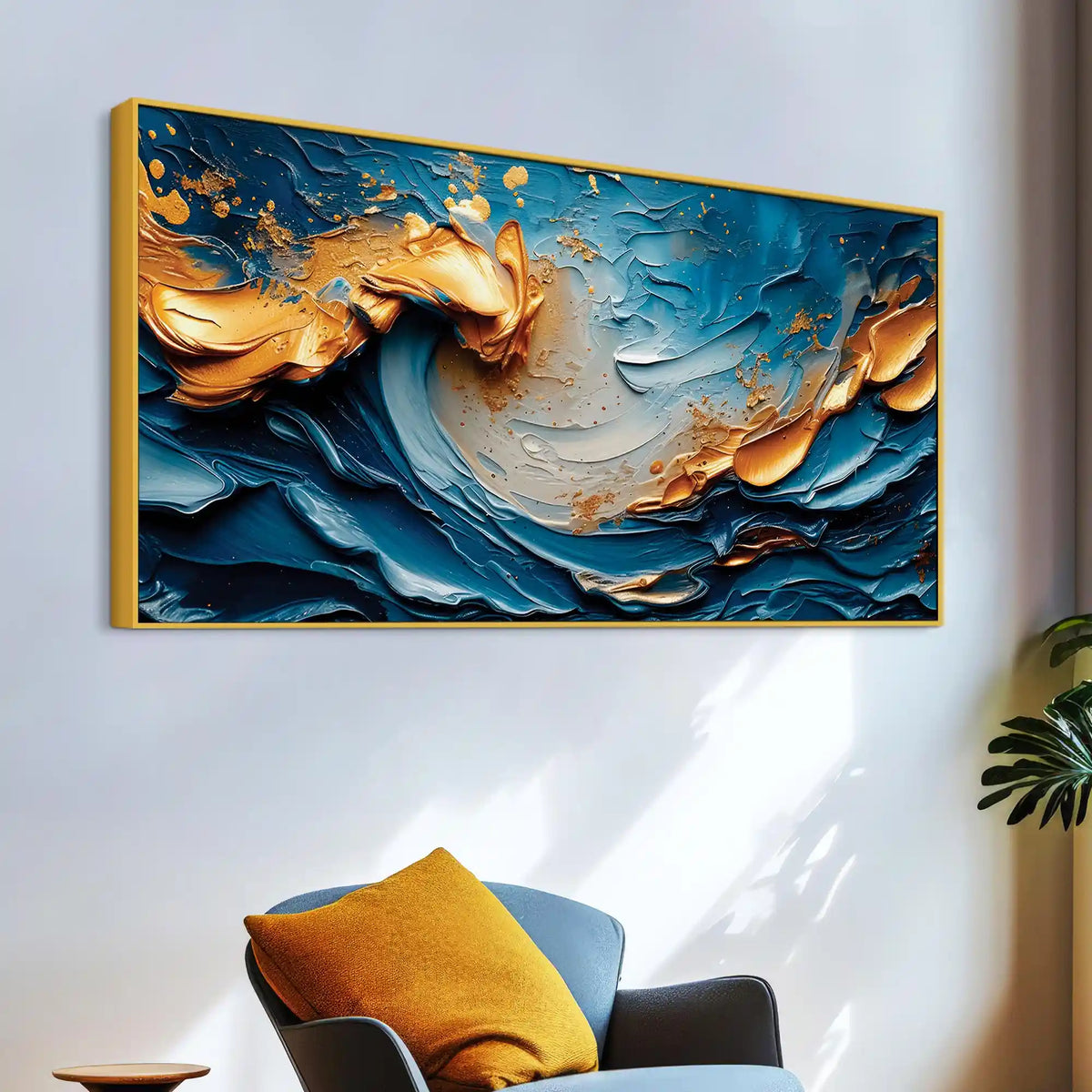 Blue and Gold Ocean Wave Abstract Canvas Painting