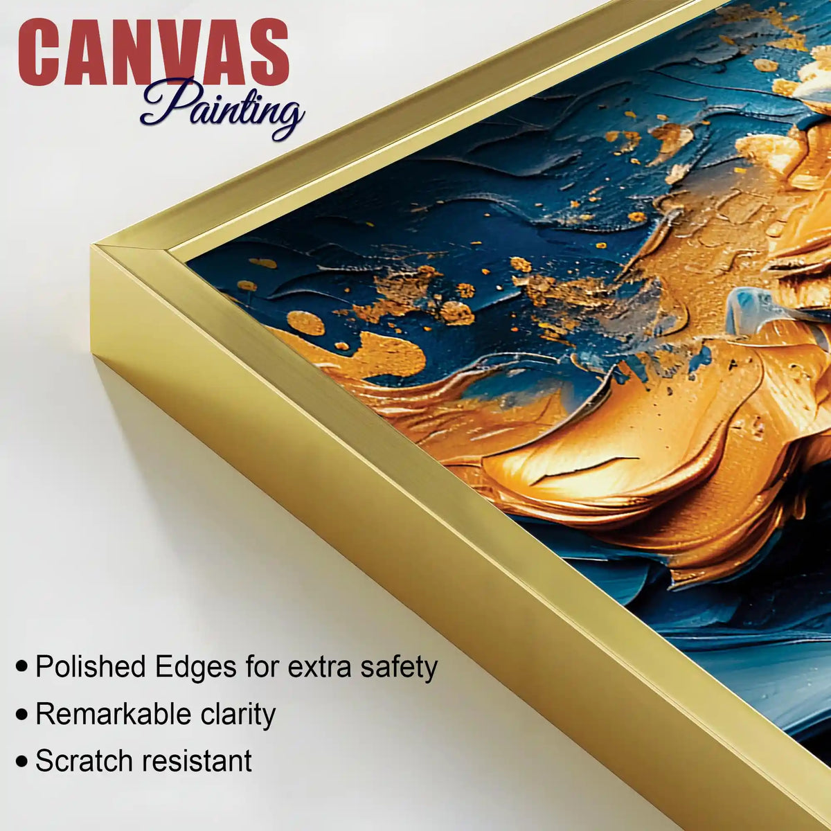 Blue and Gold Ocean Wave Abstract Canvas Painting