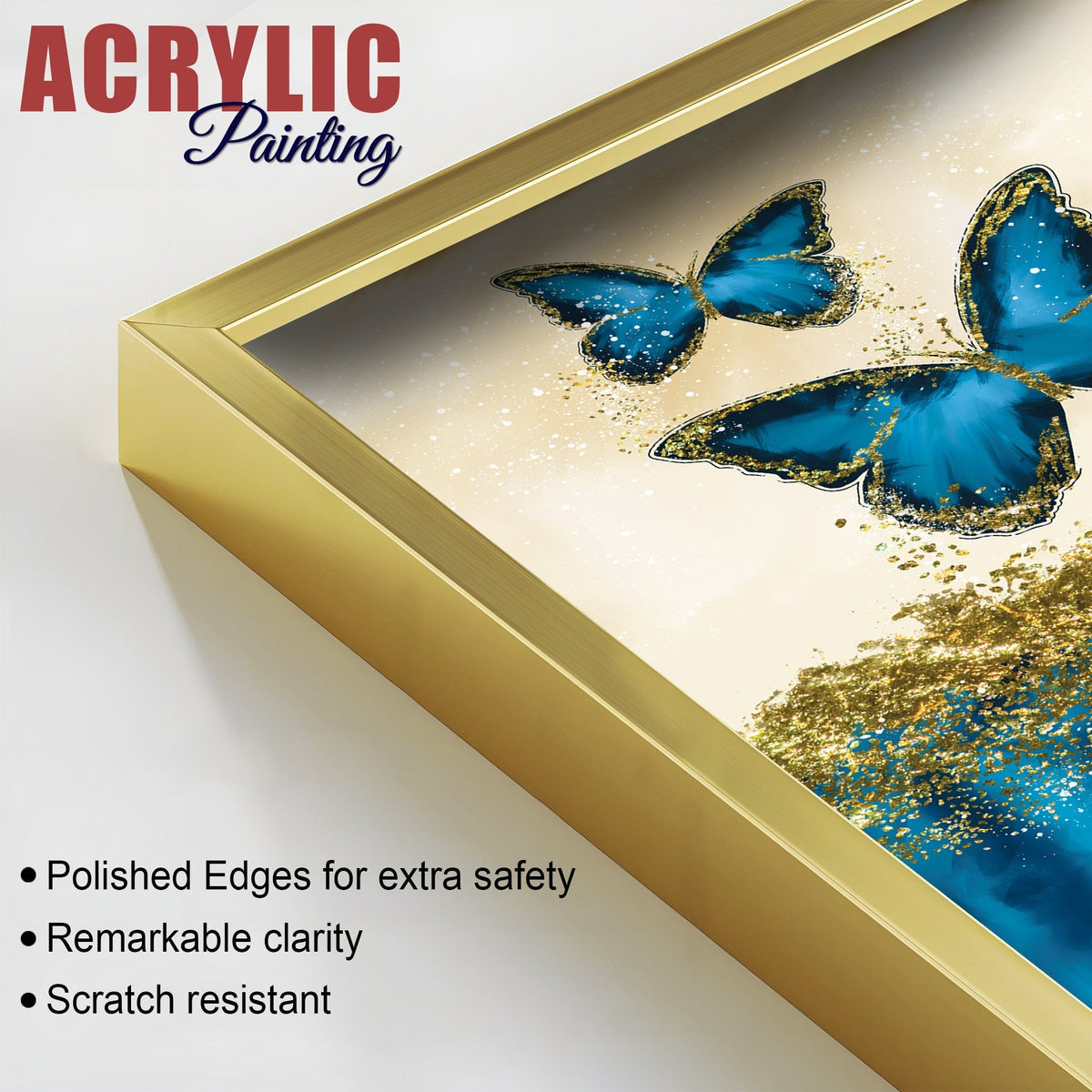 Blue and Golden Butterflies Acrylic Floating Wall Painting Set of 2