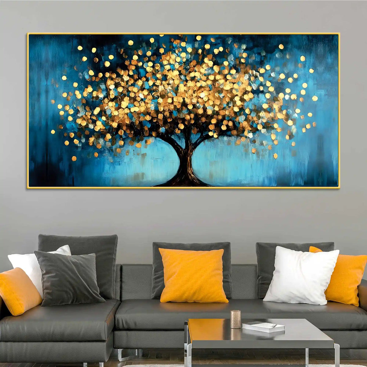 Blue Artistic Background Golden Tree Canvas Painting for Wall Decor