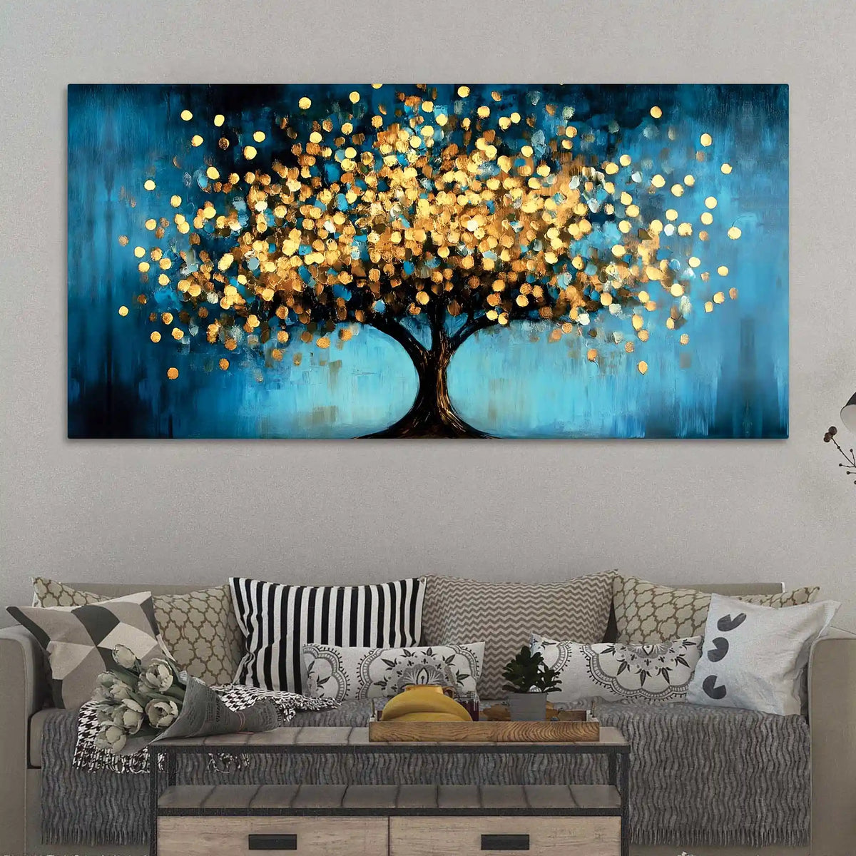 Blue Artistic Background Golden Tree Canvas Painting for Wall Decor