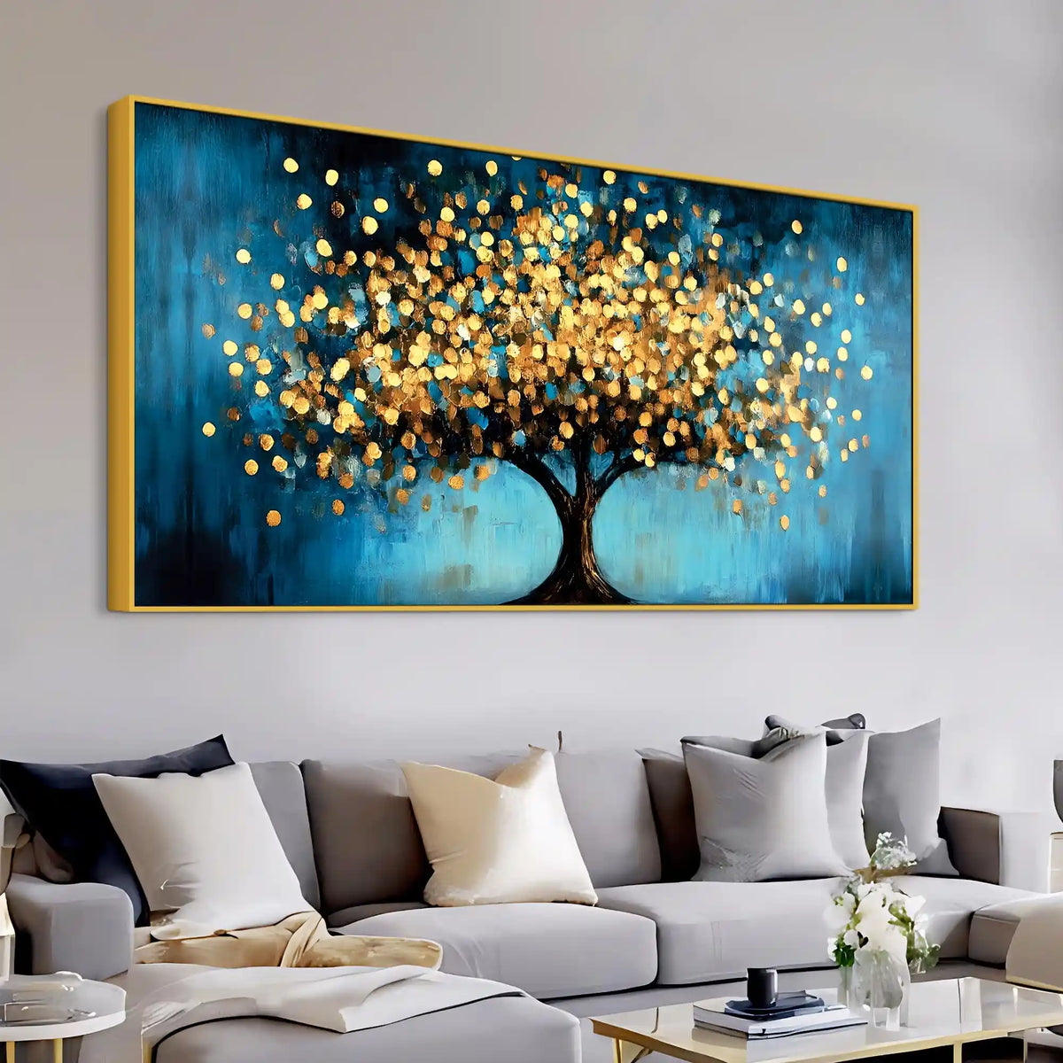 Blue Artistic Background Golden Tree Canvas Painting for Wall Decor