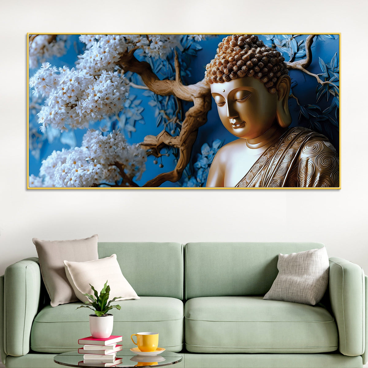 Blue Blossom Buddha Sculpture Style Wall Painting for Home