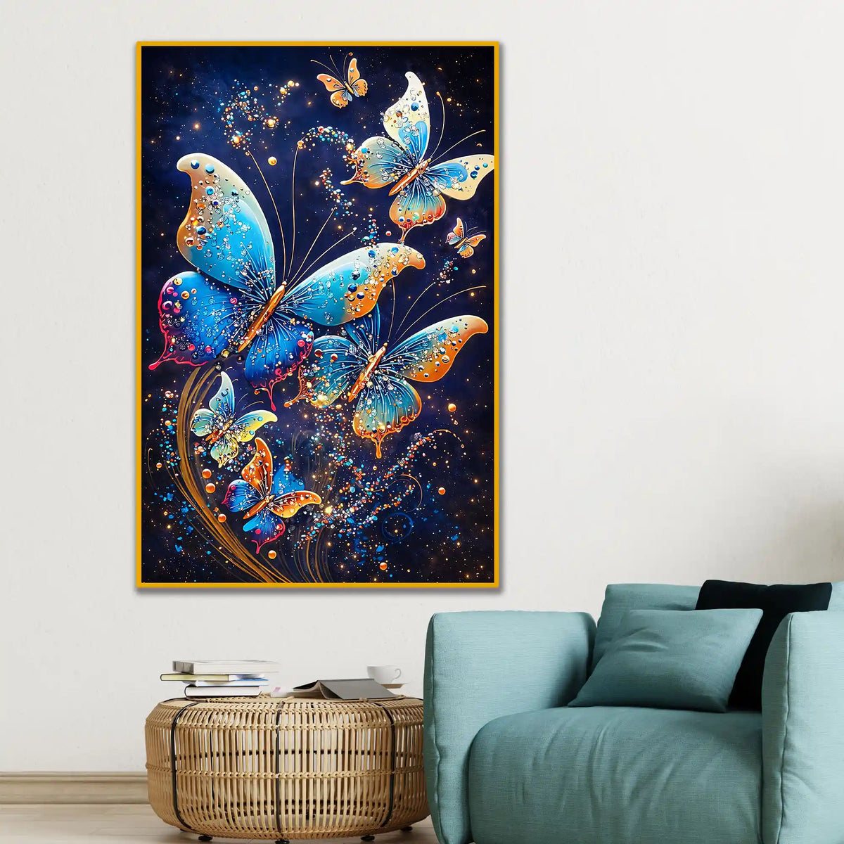 Blue Butterfly with Glitter Effect Floating Frame Crystal Wall Painting