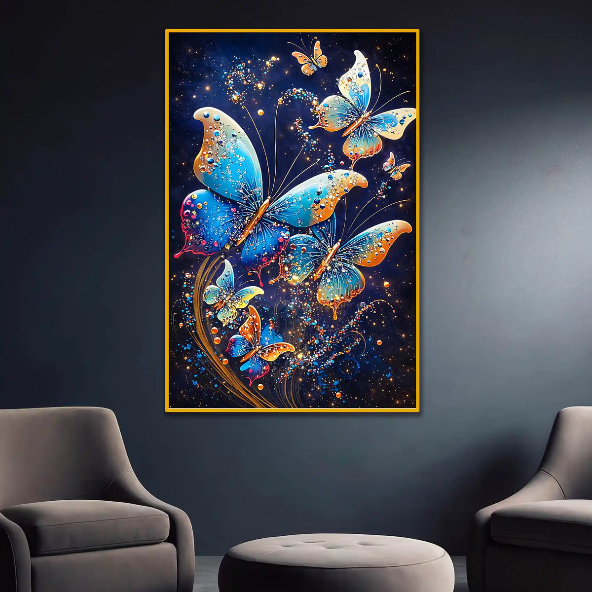 Blue Butterfly with Glitter Effect Floating Frame Crystal Wall Painting