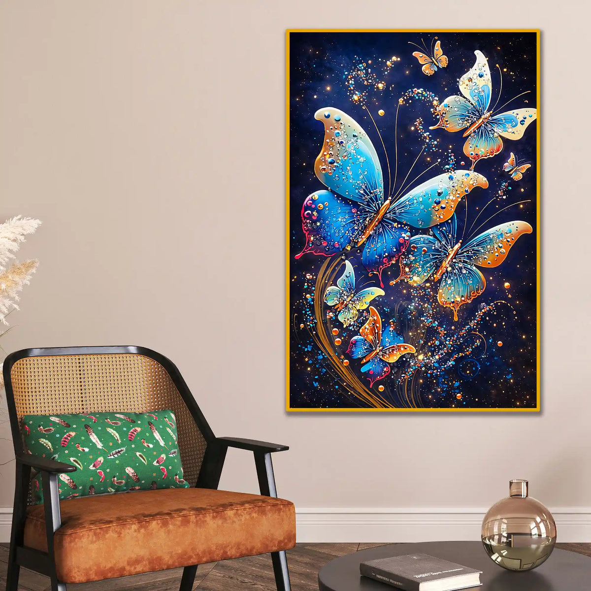 Blue Butterfly with Glitter Effect Floating Frame Crystal Wall Painting