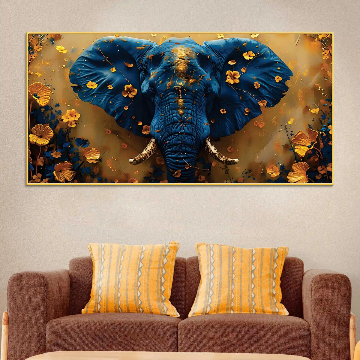 Blue Elephant Face Portrait with Floating Golden Flowers Canvas Wall Painting
