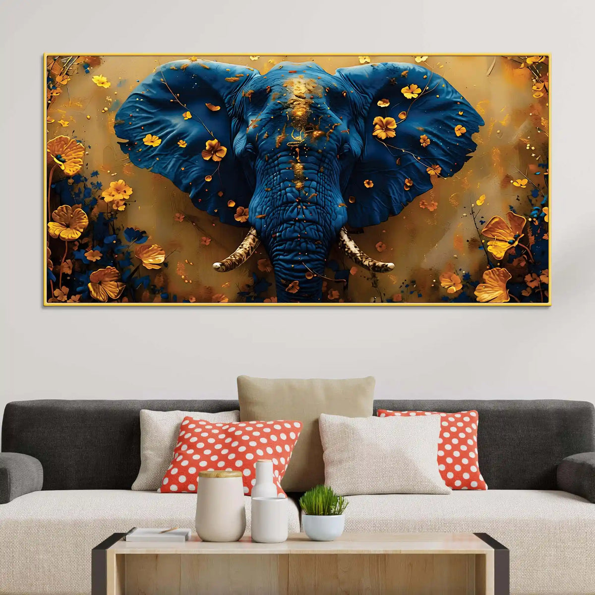 Blue Elephant Face Portrait with Floating Golden Flowers Canvas Wall Painting