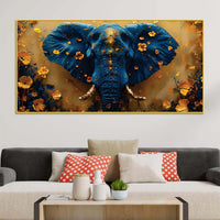 Blue Elephant Face Portrait with Floating Golden Flowers Canvas Wall Painting