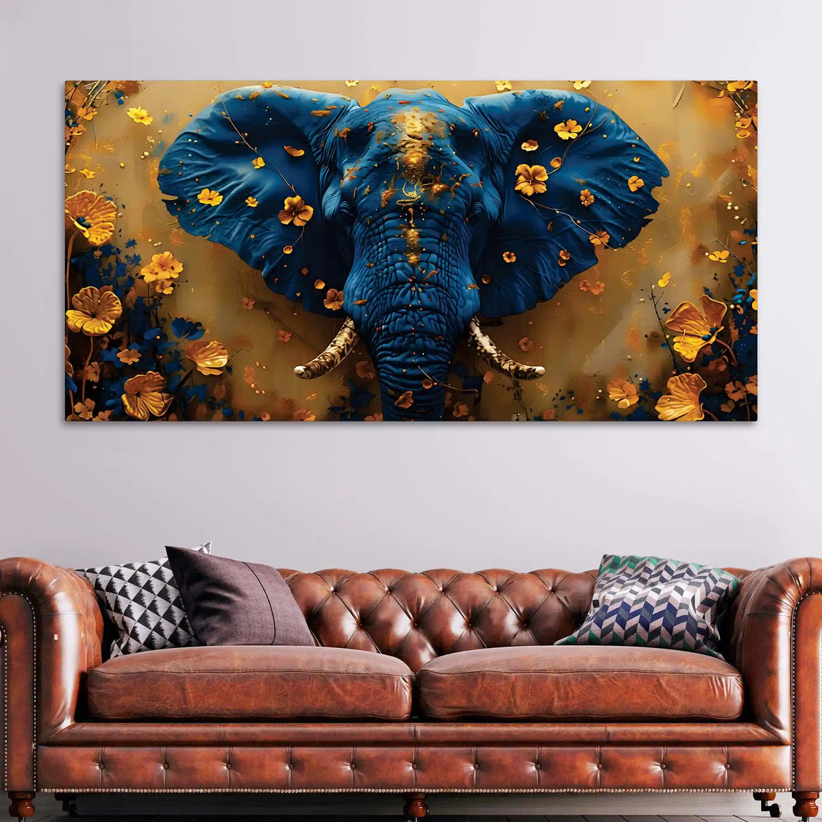Blue Elephant Face Portrait with Floating Golden Flowers Canvas Wall Painting