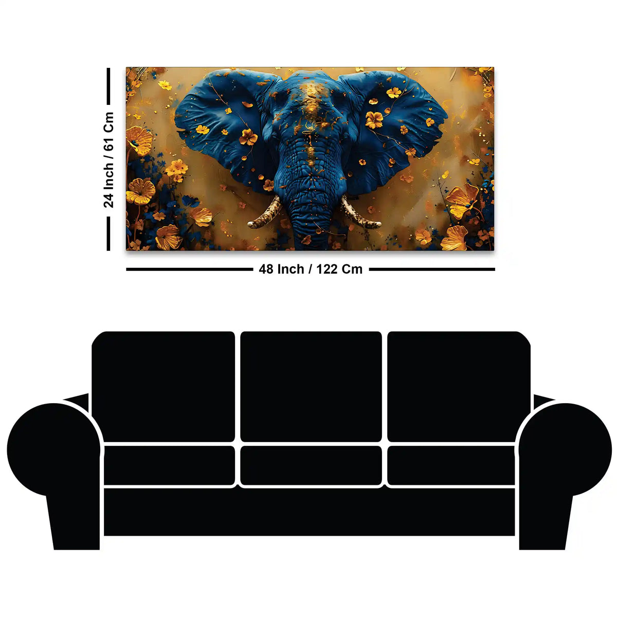 Blue Elephant Face Portrait with Floating Golden Flowers Canvas Wall Painting