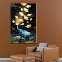 Blue Elephant with Gold Leaves Floating Frame Crystal Wall Painting