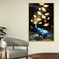 Blue Elephant with Gold Leaves Floating Frame Crystal Wall Painting