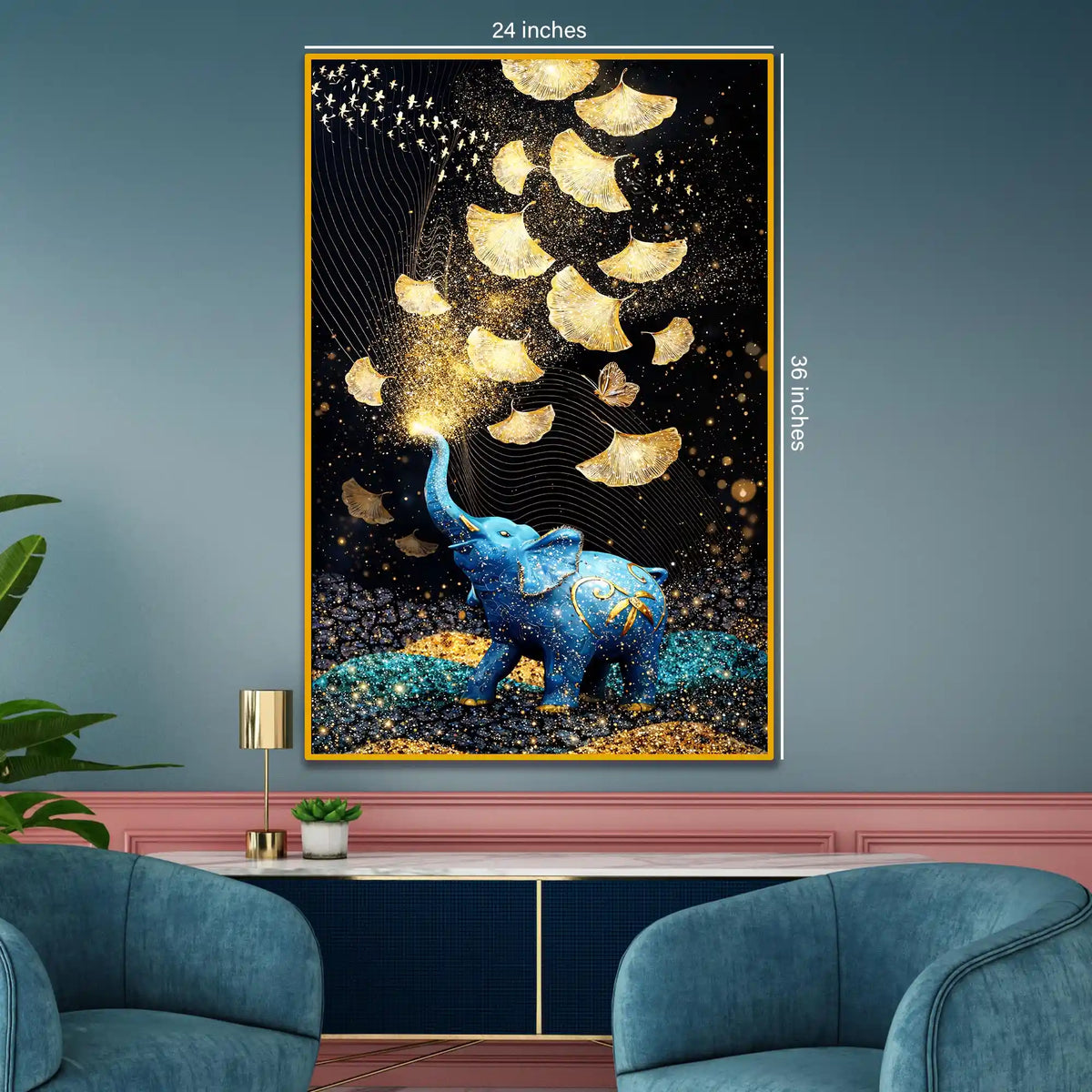 Blue Elephant with Gold Leaves Floating Frame Crystal Wall Painting