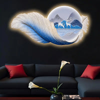 Blue Feather Deer Mountain Premium Crystal Glass Backlit LED Wall Art
