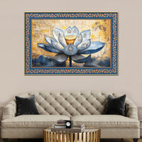 Blue Lotus Flower with Carved Figures Border Canvas Wall Painting