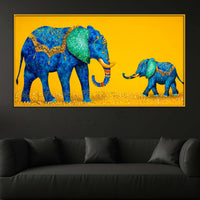 Blue Mother and Baby Elephant Floating Frame Crystal Wall Painting