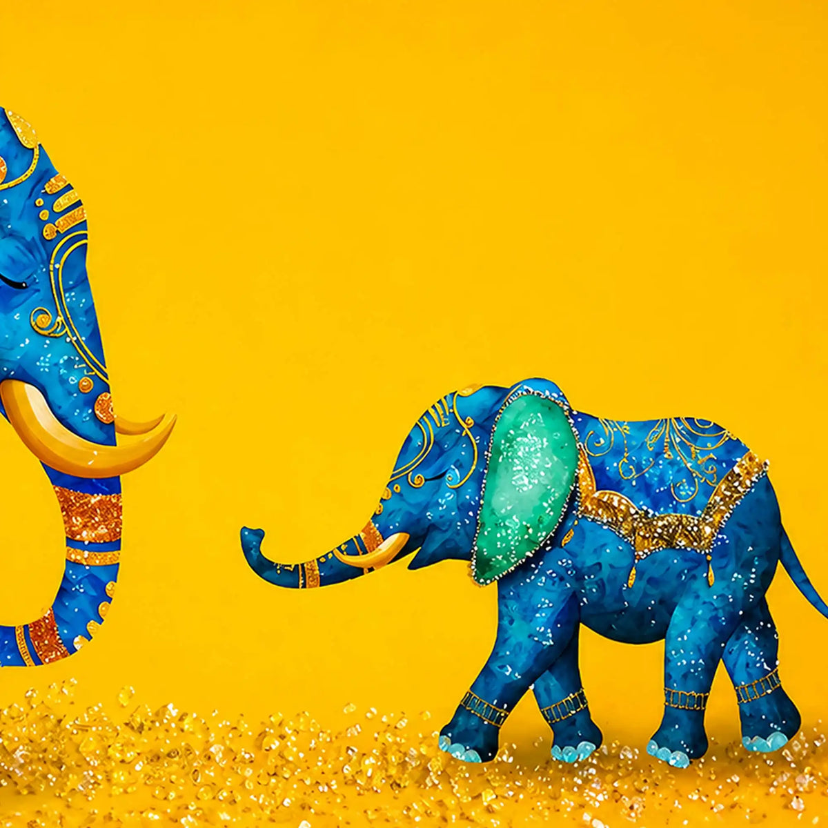 Blue Mother and Baby Elephant Floating Frame Crystal Wall Painting