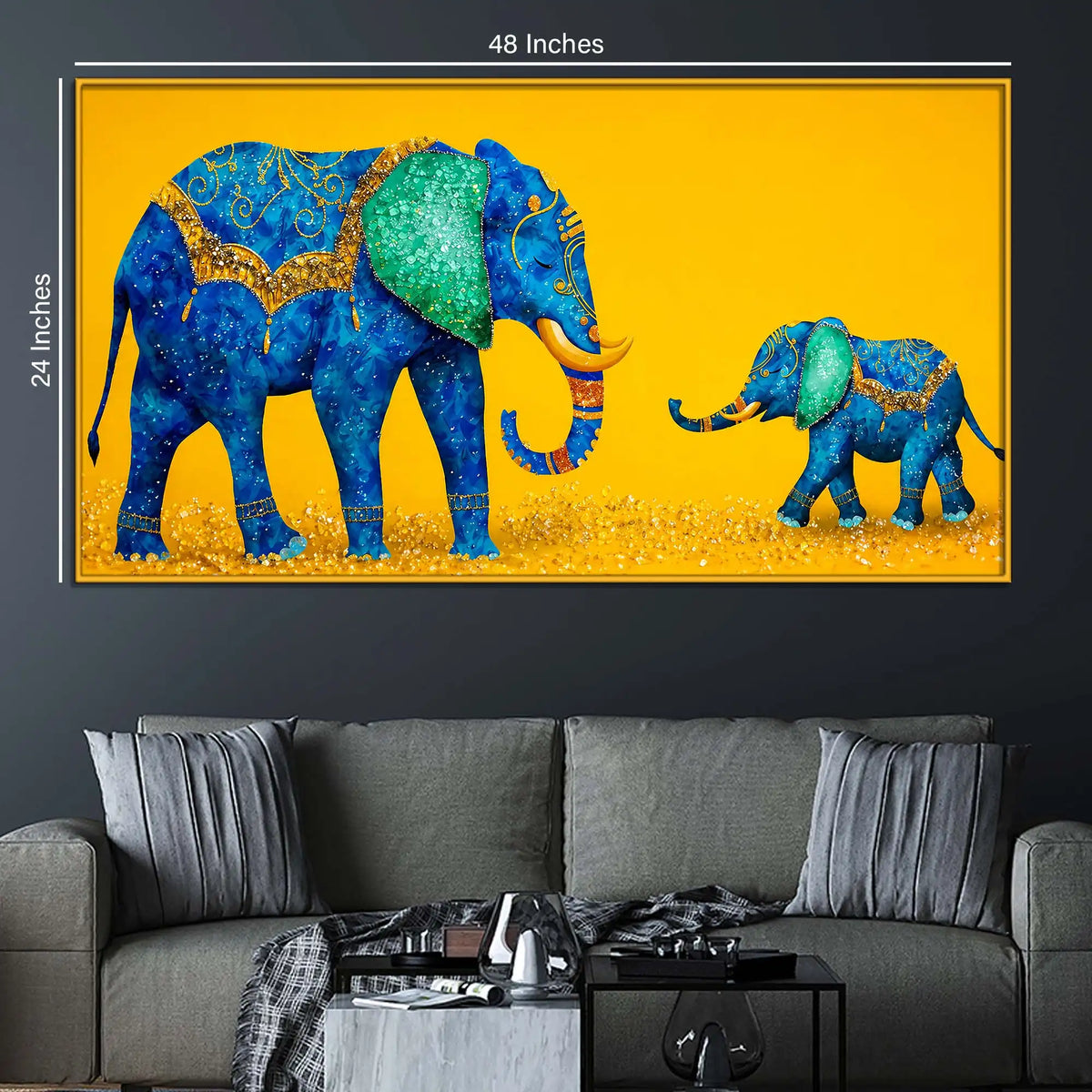 Blue Mother and Baby Elephant Floating Frame Crystal Wall Painting