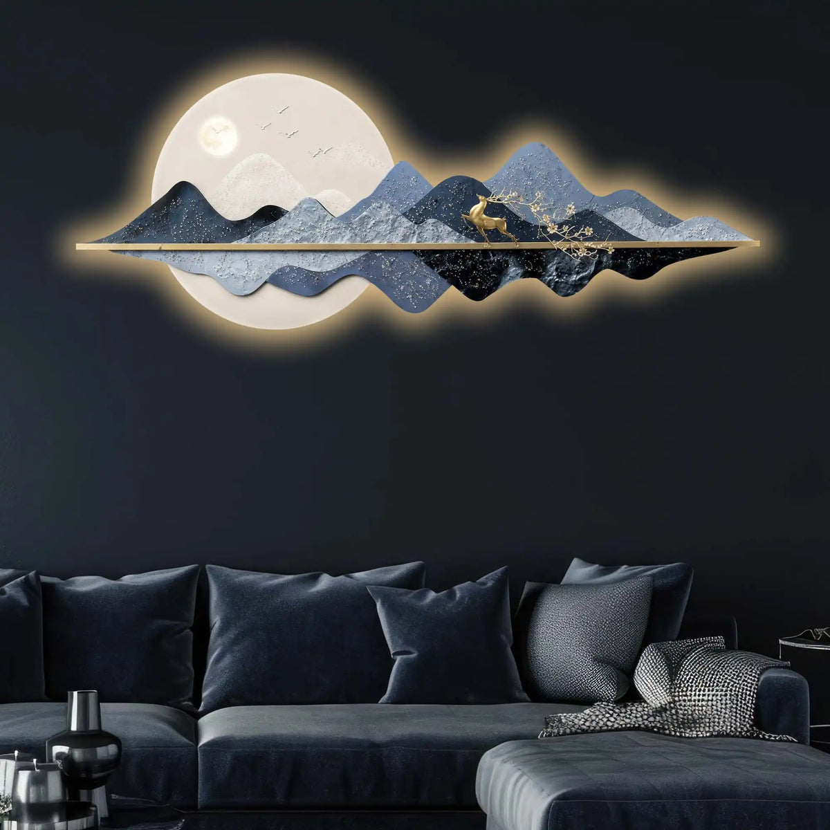 Blue Mountain Moonlight & Deer Crystal Glass Backlit LED Wall Art