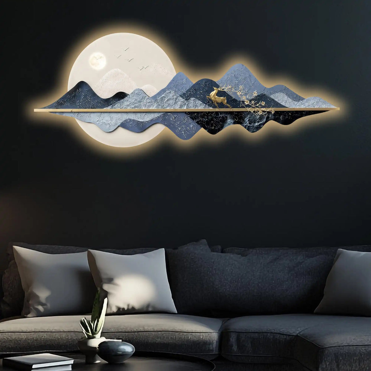 Blue Mountain Moonlight & Deer Crystal Glass Backlit LED Wall Art