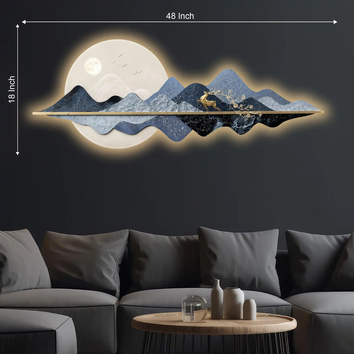 Blue Mountain Moonlight & Deer Crystal Glass Backlit LED Wall Art